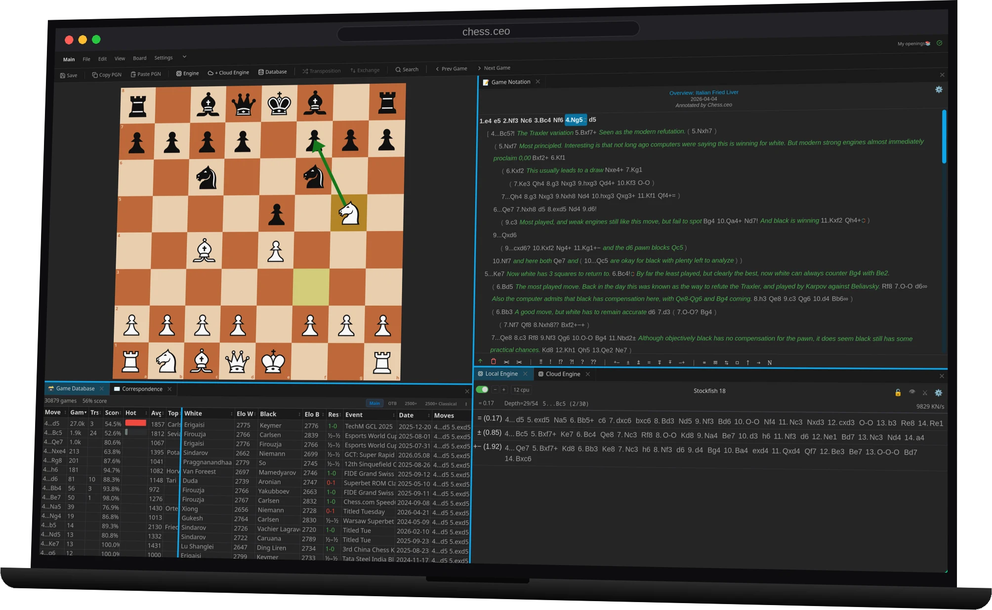 Chess.ceo analysis board with the opening tree open